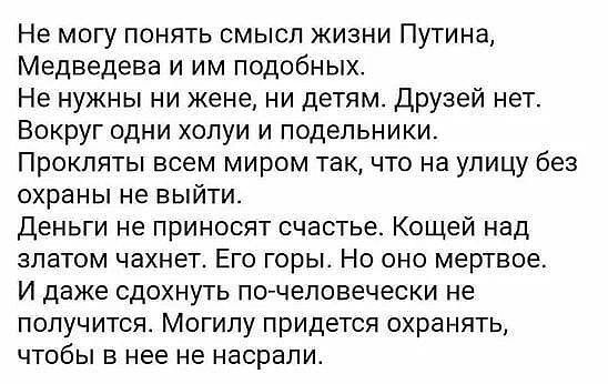 Не могу понять смысл жизни Путина Медведева и им подобных Не нужны ни жене ни детям Друзей нет Вокруг одни холуи и подельники Прокляты всем миром так что на улицу без охраны не выйти Деньги не приносят счастье Кощей над златом чахнет Его горы Но оно мертвое И даже сдохнуть почеповечески не получится Могилу придется схранять чтобы в нее не насрали