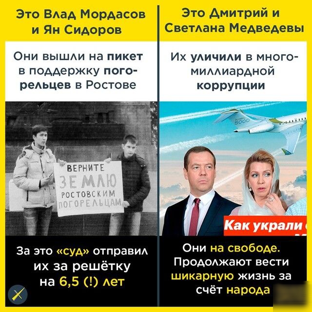 Это ВАаА Мордасов и Ян Сидоров Они ВЫШАИ на пикет в поддержку пого реАьцев в Ростове За это суд отправИА их за решётку на 65 АеТ Это дмитрий и Свемана Медведевы Их уАичиАи в много мимиардной коррупции Как украли Они на с5060Ае Прододжают вести шикарную жизнь за счёт народа