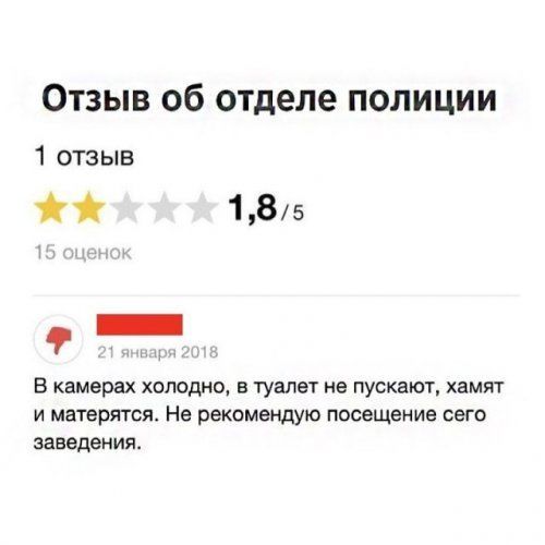 Отзыв об отделе полиции 1 отзыв 185 В камерах холодно в туалет не пускают хамят и матерится Не рекомендую посещение сего заведения