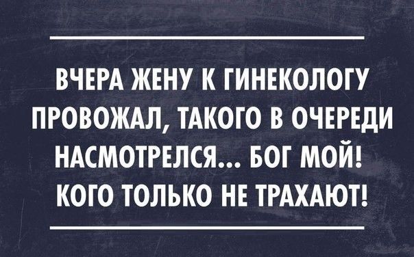 ВЧЕРА ЖЕНУ К ГИНЕКОЛОТУ ПРОВОЖАЛ ТАКОТО В ОЧЕРЕДИ НАСМОТРЕЛСЯ БОТ МОЙ КОТО ТОЛЬКО НЕ ТРАХАЮТ