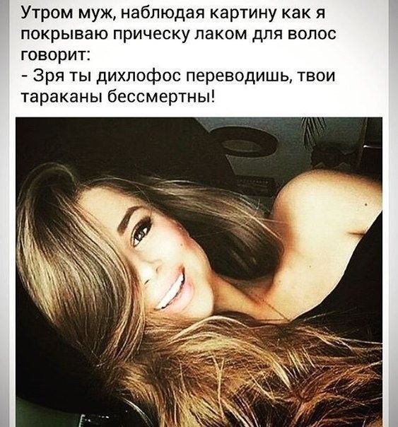 Утром муж наблюдая картину как я ПОКрЫВаЮ прическу лаком дЛЯ ВОЛОС ГОВОРИТ Зря ты дихлофос переводишь твои тараканы бессмертны
