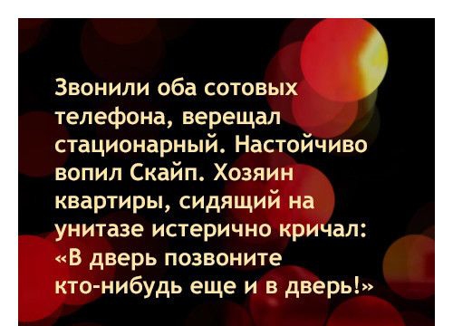 Звонили оба сотовых телефона верещал стационарный Настойчиво вопил Скайп Хозяин квартиры сидящий на унитазе истерично кричал В дверь позвоните кто нибудь еще и в дверь