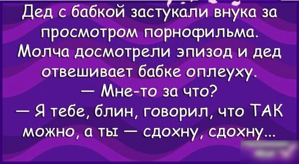Дед с бабкой застукдливнУка за просмотром порнофильма Молча досмотрели эпизод и дед отвешивает бабке оплеуху Мне то за что Я тебе блин говорил что ТАК можно а ты сдохну сдохну _ _ С