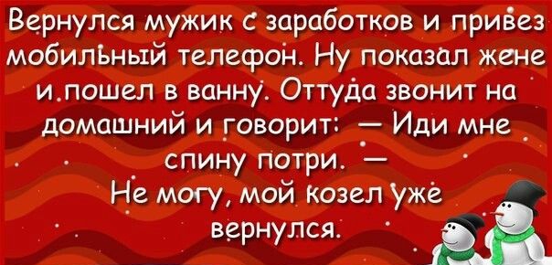 Вернулся мужик заработков и приёез мобильный телефон Ну показал жене ипошел в ванну Оттуда звонит на домашний и говорит _ Иди мне спину потри Не могу мой Козел Ужё вернут 131