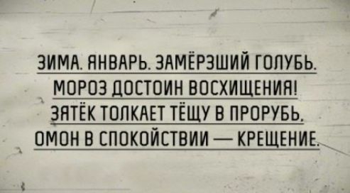 ЗИМА ЯНВАРЬ ЗАМЁРЗШИЙ ГОЛУБЬ МОРОЗ ДПЕТПИН ВОЕХИЩЕНИН ЗНТЁК ТПЛКАЕТ ТЁЩУ В ПРПРУБЬ _ ОМОН В СПОКПЙСТВИИ КРЕЩЕНИЕ