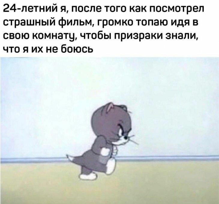 24 летний я после того как посмотрел страшный фильм громко топаю идя в свою комнату чтобы призраки знали что я их не боюсь