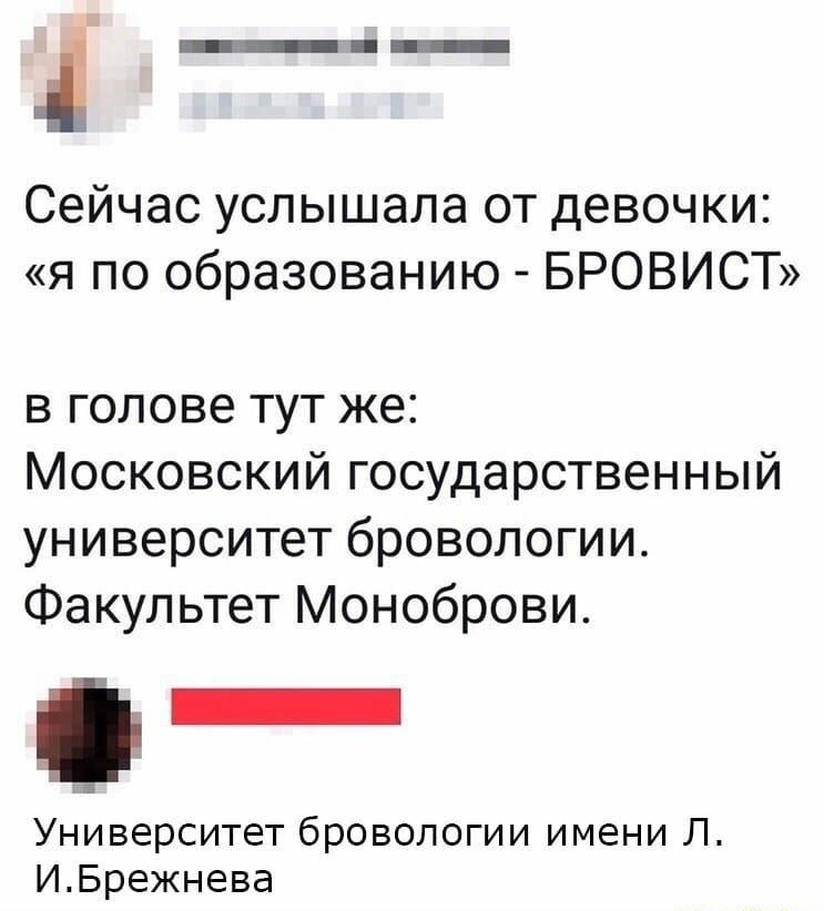іі __ _ Сейчас услышала от девочки я по образованию БРОВИСТ в голове тут же Московский государственный университет бровологии Факультет Моноброви Университет бровологии имени Л ИБрежнева