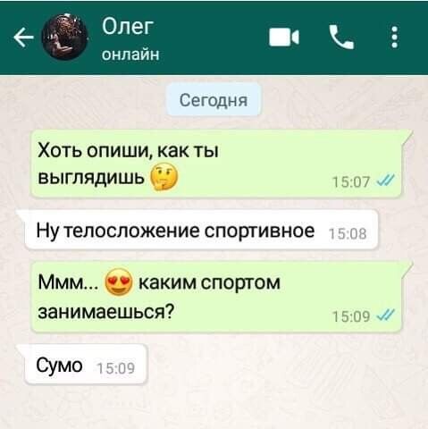 Сегодня ХОТЬ ОПИШИ как ТЫ БЫГЛЯДИШЬ 15 07 4 Ну Телосложение СПОРТИВНОе м Ммм каким спортом занимаешься 1509 Сумо г