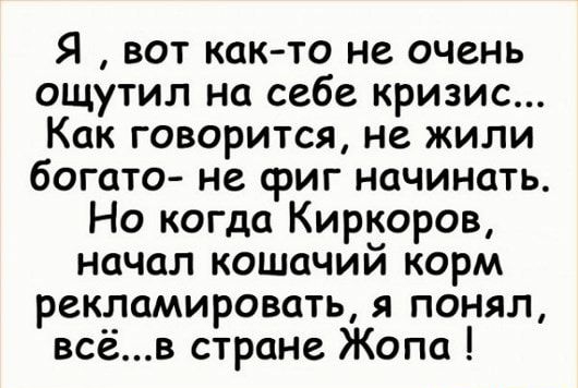 Я вот как то не очень ощутил на себе кризис Как говорится не жили богато не фиг начинать Но когда Киркоров начал кошачий корм рекламировать я понял всёв стране Жопа