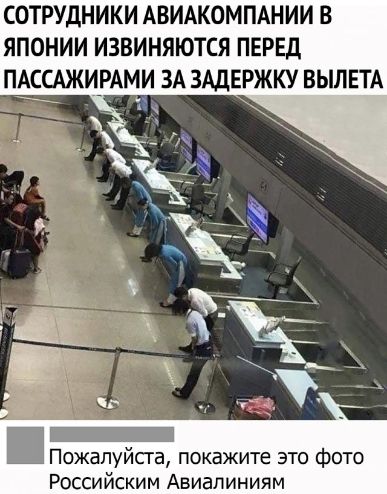 СОТРУДНИКИ АВИАКОМПАНИИ В ЯПОНИИ ИЗВИНЯЮТСЯ ПЕРЕД ПАССАЖИРАМИ ЗА ЗАДЕРЖКУ ВЫЛЕТА Пожалуйсга покажите это фото Российским Авиалиниям