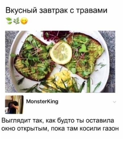 Вкусный завтрак с травами д нач МопыегКіпв ВЫГПЯДИТ так как бУДТО ТЫ ОСТЗВИЛЗ ОКНО ОТКРЫТЫМ пока там КОСИПИ газон