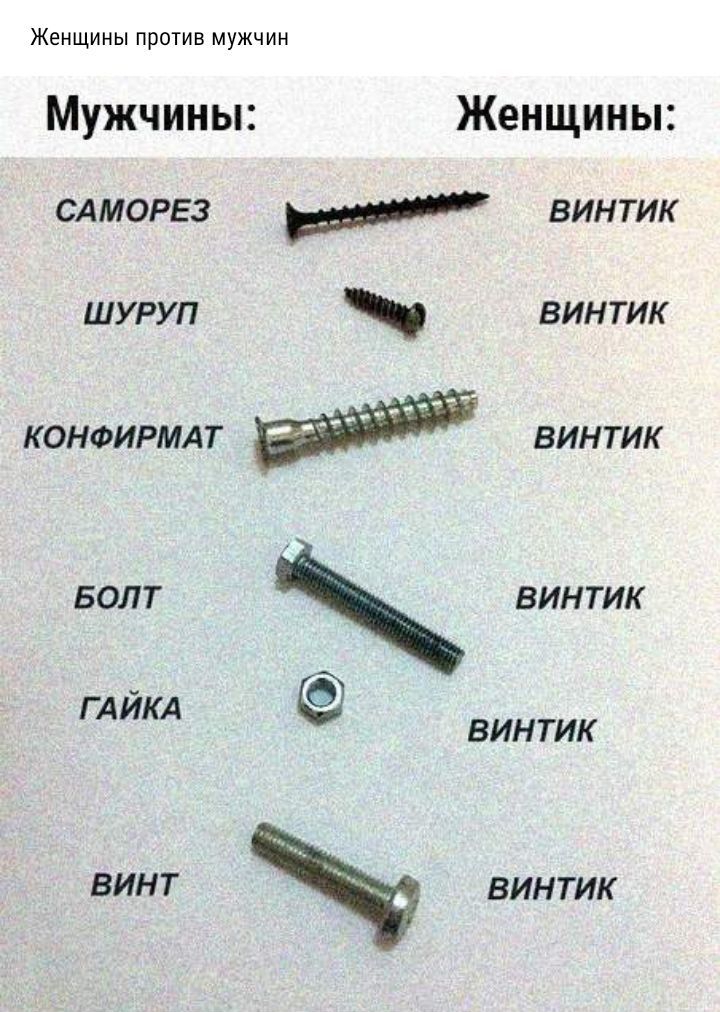 ЖЕНЩИНЫ ПРОТИВ МУЖЧИН Мужчины Женщины сдморвз М винтик шуруп винтик конфирмдт винтик БОЛТ винтик гдйкд ВИН ТИК винт винтик