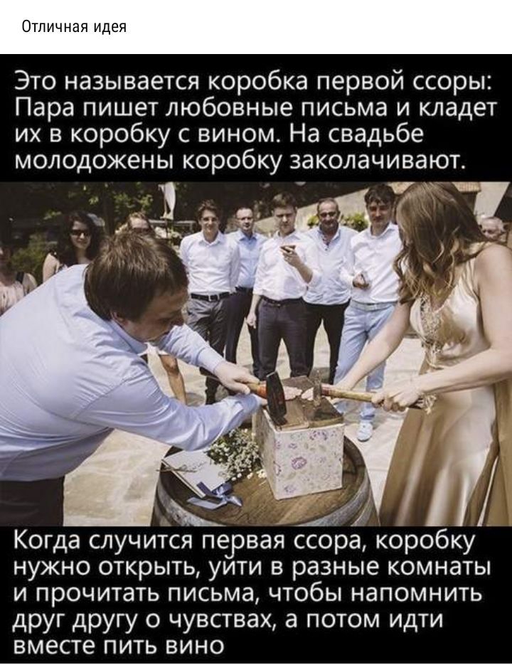 Отличная идея Это называется коробка первой ссоры Пара пишет любовные письма и кладет их в коробку с вином На свадьбе молодожены коробку заколачивают Когда случится первая а коробку нужно открыть уити в разные комнаты и прочитать письма чтобы напомнить друг другу о чувствах а потом идти вместе пить вино