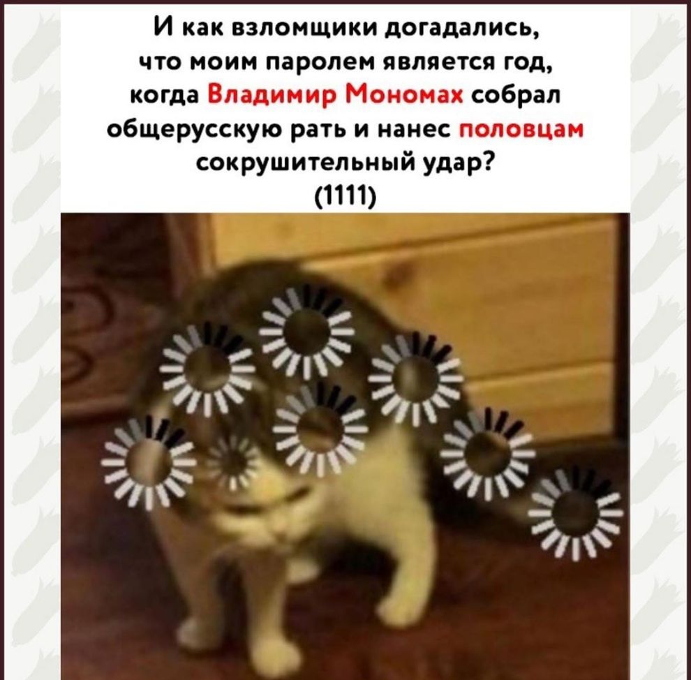 И как ВЗЛОМЩИКИ догадались что моим паролем является год когда Владимир Мономах собрал общерусскую рать и нанес половцам сокрушительный удар