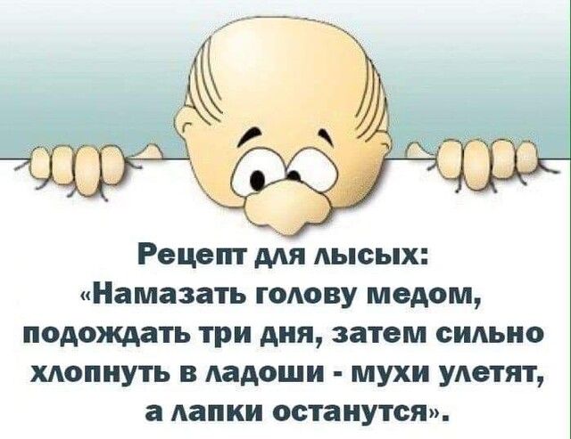 Рецепт ддя Аысых Намазать голову медом подождать три дня затем сильно мопнуть в Аадоши мухи удетят а лапки останутся