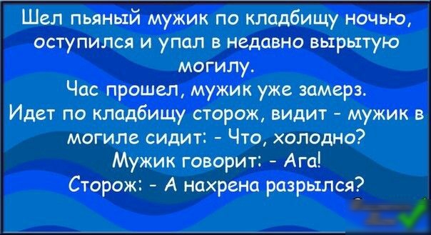 Шел пьяный мужик по кладбищу ночью оступился и упал в недавно вырытую могилу Час прошел мужик уже замерз Идет по кладбищу сторож видит мужик в могиле сидит Что холодно Мужик говорит Ага Сторож А нахрена разрылся