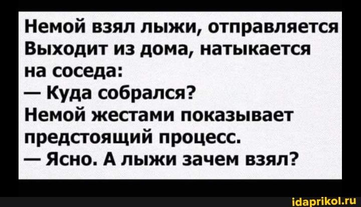 Немой взял лыжи отправляется ВЫХОДИТ ИЗ дома натыкается на соседа Куда собрался Немой жестами показывает предстоящий процесс Ясно А лыжи зачем взял іаа гіКош
