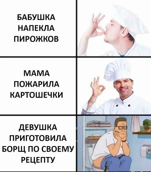 БАБУШКА НАПЕКЛА П И РОЖ КОВ МАМА ПОЖАРИЛА КАРТОШЕЧКИ ДЕВУШКА ПРИГОТОВИЛА БОРЩ ПО СВОЕМУ РЕЦЕПТУ
