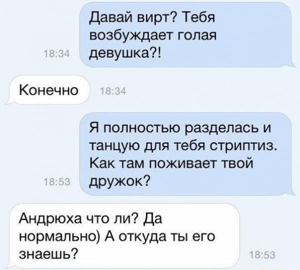 Давай вирт Тебя возбуждает голая девушка Конечно Я полностью разделась и танцую для тебя стриптиз Как там поживает твой дружок Андрюха что ли Да нормально А откуда ты его знаешь