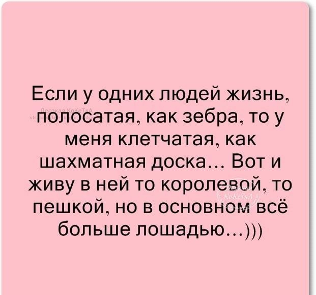 Если у одних людей жизнь полосатая как зебра то у меня кпетчатая как шахматная доска Вот и живу в ней то королевой то пешкой но в основном всё больше лошадью