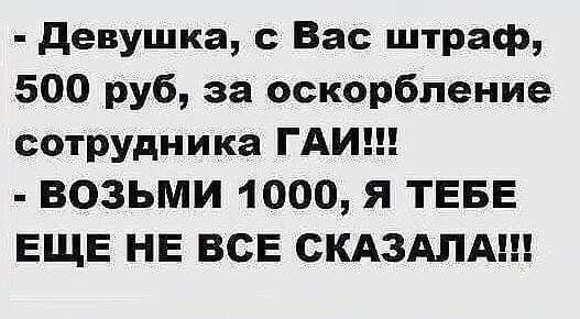 девушка с Вас штраф 500 руб за оскорбление сотрудника ГАИ ВОЗЬМИ 1000 я ТЕБЕ ЕЩЕ НЕ ВСЕ СКАЗАЛА