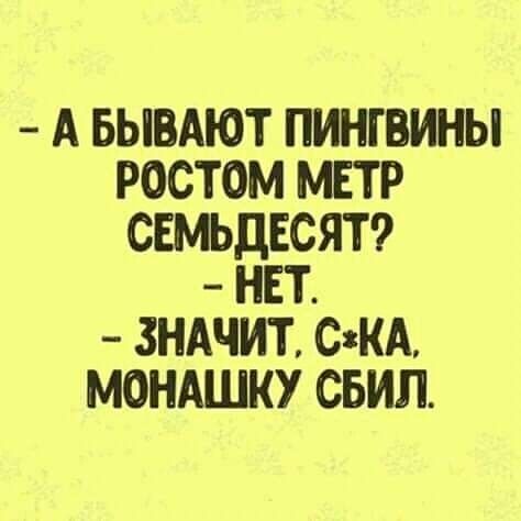 А БЫВАЮТ ПИНГВИНЫ РОСТОМ МЕТР СЕМЬДЕСЯТ НЕТ ЗНАЧИТ СКА МОНАШКУ СБИП