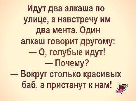 Идут два алкаша по улице а навстречу им два мента Один алкаш говорит дРУгому О голубые идут Почему Вокруг столько красивых баб а пристанут к нам