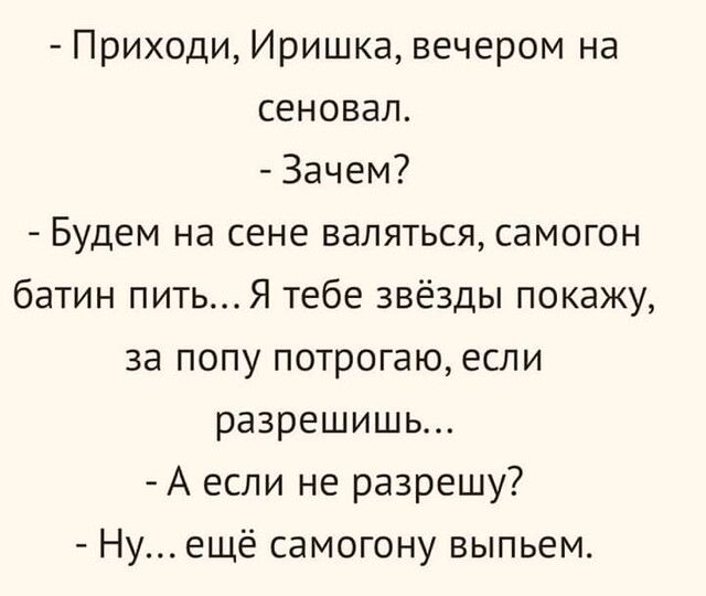 Приходи Иришка вечером на сеновал Зачем Будем на сене валяться самогон батин пить Я тебе звёзды покажу за попу потрогаю если разрешишь А если не разрешу Ну ещё самогону выпьем