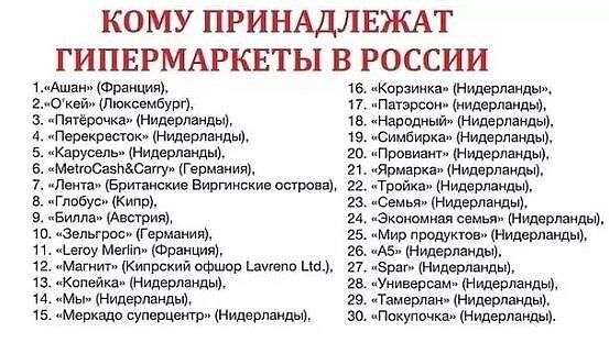 КОМУ ПРИНАДЛЕЖАТ ГИПЕРМАРКЕТЫ В РОССИИ 1 Ашан каденции г0ви Люксембург 3 пПягёрпчкал 1нидерлаиды 4 Пернкрнстк Нидердвидыу 5 Карусель Нидерланды в мМепСвПСапу Германия 7 Лема Бритаискив Виргинскив витрина в Глвбусъ Кипт чБипла Австрияъ ш вел г Германия и ешу Мент Франция 12 иМатип Кипрский офшор щепа ца 13 цКппейкап Нидерланды 14 мыНидерланды тз иМерквда пуперцвтр Нидерланды 16 _Корзиихац Нидерланд