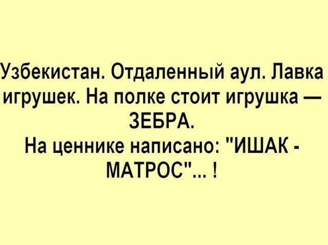 Узбекистан Отдаленный аул Лавка игрушек На полке стоит игрушка ЗЕБРА На ценнике написано ИШАК МАТРОС