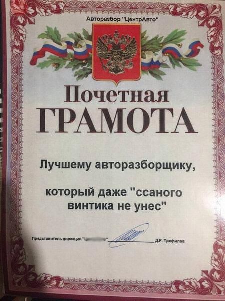 Почётная ГРАМОТА Лучшему авторазборщику который даже ссаного винтика не унес __ 47