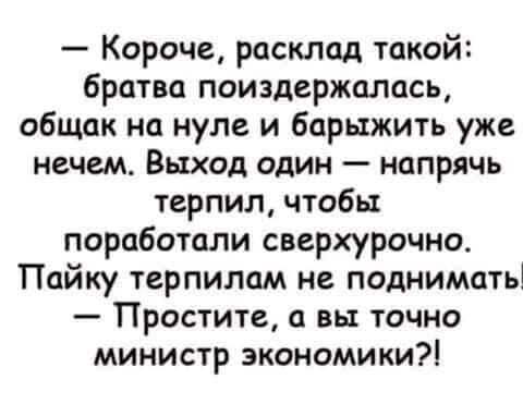 Короче расклад такой братва поиздержалась общак на нуле и барыжить уже нечем Выход один напрячь терпил чтобы поработали сверхурочно Пайку терпилам не поднимать Простите а вы точно министр экономики