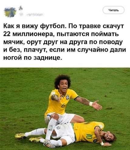 Как я вижу футбол По травке скачут 22 миллионера пытаются поймать мячик орут дРУГ на друга по поводу и без плачут если им случайно дали ногой по заднице