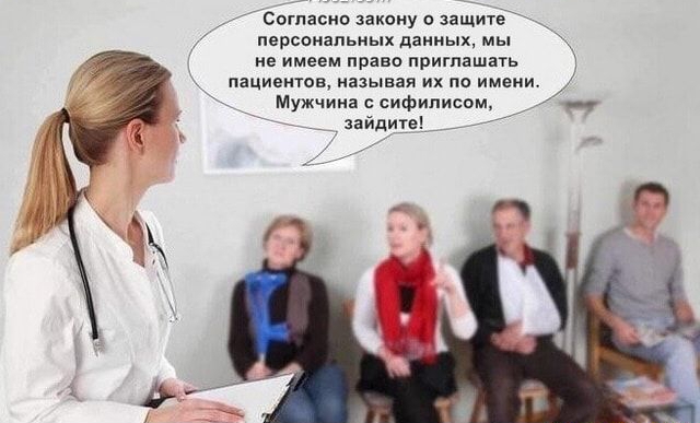 Согласно закону о защите персональных даиных мы не имеем право приглашать пациентов называя ИХ ПО ИМЕНИ Мужчина сифилисом зайдите