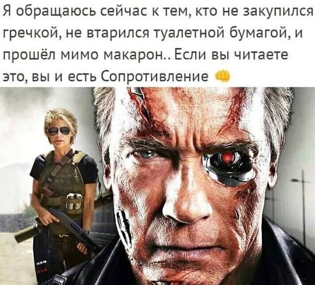 Я обращаюсь сейчас к тем кто не закупился гречкой не втарипся туалетной бумагой и ПРОШёЛ МИМО макарон ЕСЛИ ВЫ читаете ЭТО ВЫ И ЕСТЬ СОПРОТИВЛЕНИЭ _
