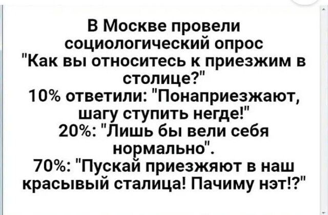 В Москве провели социологический опрос Как вы относитесь к приезжим в столице 10 ответили Понаприезжают шагу ступить негде 20 Лишь бы вели себя нормально 70 Пускай приезжяют в наш красывый сталица Пачиму нет