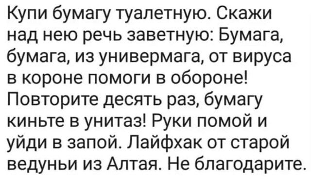 Купи бумагу туалетную Скажи над нею речь заветную Бумага бумага из универмага от вируса в короне помоги в обороне Повторите десять раз бумагу киньте в унитаз Руки помой и уйди в запой Лайфхак от старой ведуньи из Алтая Не благодарите