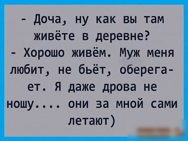 Доча ну как вы там живёте в деревне Хорошо живём Муж меня любит не бьёт оберега ет Я даже дрова не ношу они за мной сами летают