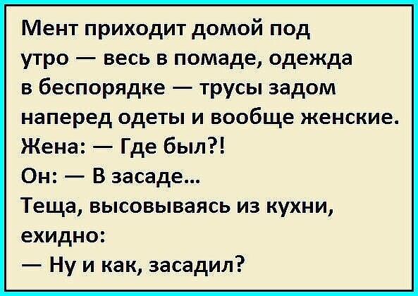 Мент приходит домой под утро весь в помаде одежда в беспорядке трусы задом наперед одеты и вообще женские Жена Где был Он В засаде Теща высовываясь из кухни ехидно Ну и как засадил