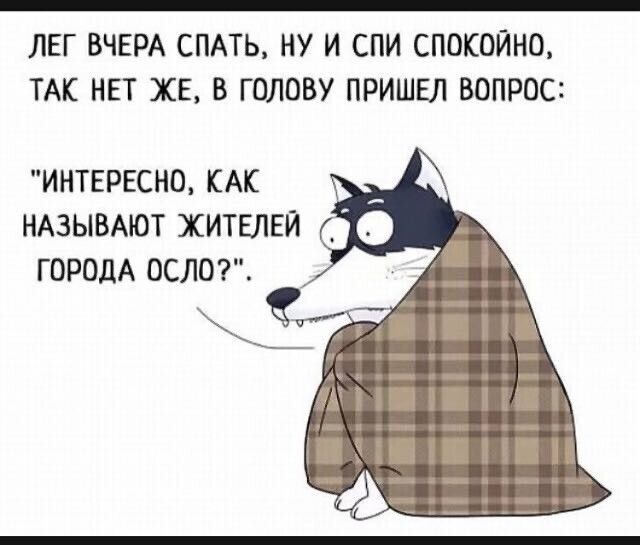 ЛЕГ ВЧЕРА СПАТЬ НУ И СПИ СПОКОЙНО ТАК НЕТ ЖЕ В ГОЛОВУ ПРИШЕЛ ВОПРОС ИНТЕРЕСНО КАК НАЗЫВАЮТ ЖИТЕЛЕЙ _ ГОРОДА ОСЛО