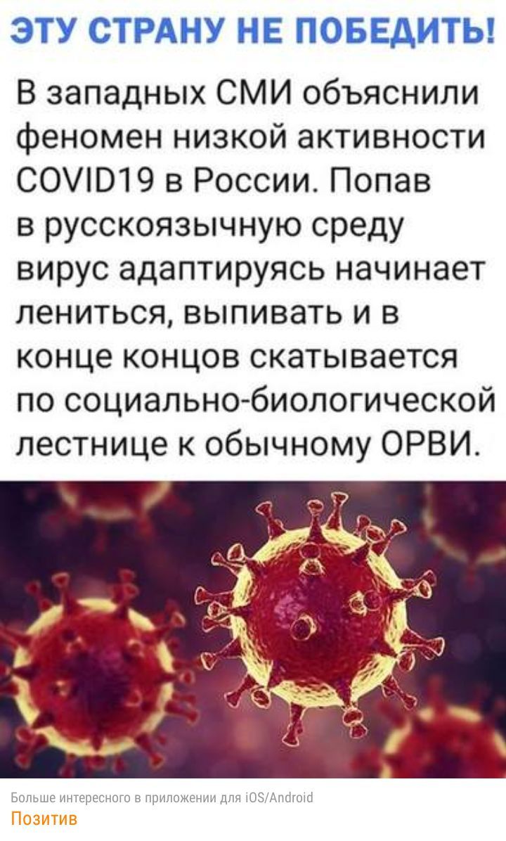 ЭТУ СТРАНУ НЕ ПОБЕДИТЬ В западных СМИ объяснили феномен низкой активности СОВ1 9 в России Попав в русскоязычную среду вирус адаптируясь начинает лениться выпивать и в конце концов скатывается по социально биологической лестнице к обычному ОРВИ Больше интересного в приложении для ОЗАиотото