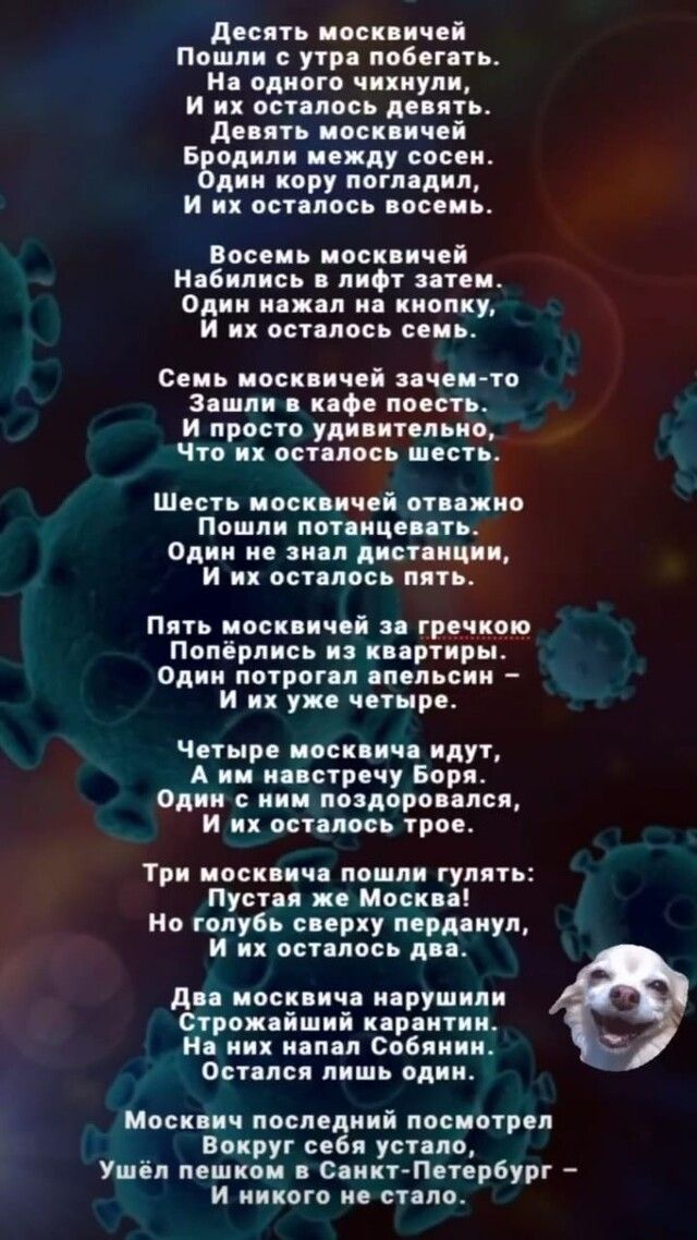 десять москвичей Пошли с утра побегать На одного чихнули и их осталось девять девять москвичей Вводили между сосен дин кору погладил и их осталось восемь Восемь москвичей Нябились в лифт затем Один нажал на кнопку и их осталось семь Семь москвичей зачем то Зашли в кафе поесть и просто удивительно По их осталось шесть Шесть москвичей отважно Пошли потанце Один не знал дист и их осталось пить Пять м
