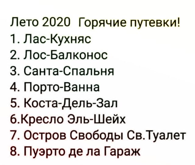 Лето 2020 Горячие путевки 1 ЛасКухняс 2 Лос Балконос З Санта Спальня 4 Порто Ванна 5 Коста Дель Зал 6Кресло Эль Шейх 7 Остров Свободы СвТуалет 8 Пуэрто де ла Гараж