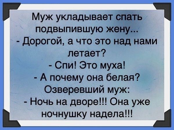 Муж укладывает спйаёь 1 подвыпившую жену Дорогой а что это над нами летает Спи Это муха А почему она белая Озверевший муж Ночь на дворе Она уже ночнушку надела