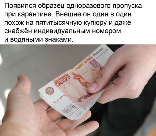 Появился образец одноразового пропуска при карантине Внешне он один в один похож на пятитысячную купюру и даже снабжён индивидуальным номером И ВОДЯНЫМИ ЗНЭКЭМИ