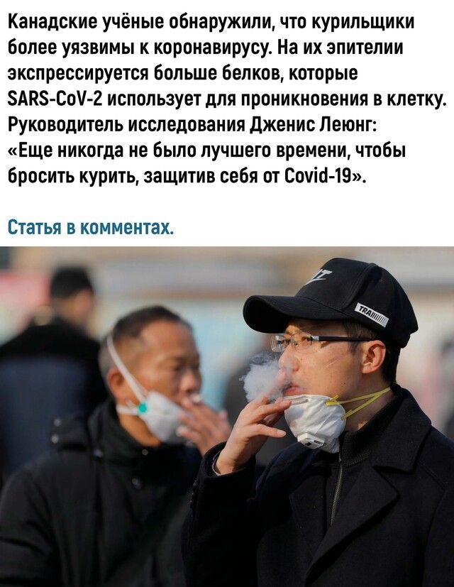 Канадские учёные обнаружили что курильщики Более уязвимы к коронавирусу На их эпителии экспрессируется больше белков которые АВ Со 2 использует для проникновения в клетку Руководитель исследования Дженис Леюнг Еще никогда не было лучшего времени чтобы бросить курить защитив себя от Саут19 СТЭТЬЯ В КОММЕНТЗХ