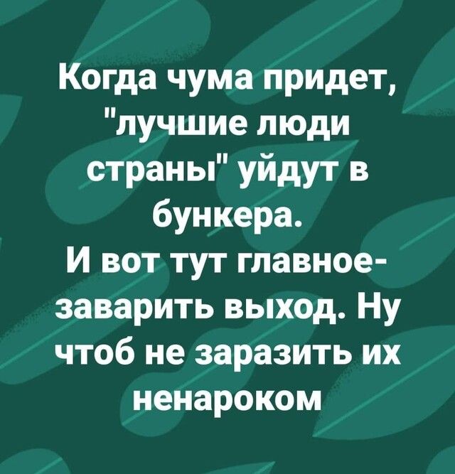 Когда чума придет лучшие люди страны уйдут в бункера И вот тут главное заварить выход Ну чтоб не заразить их ненароком