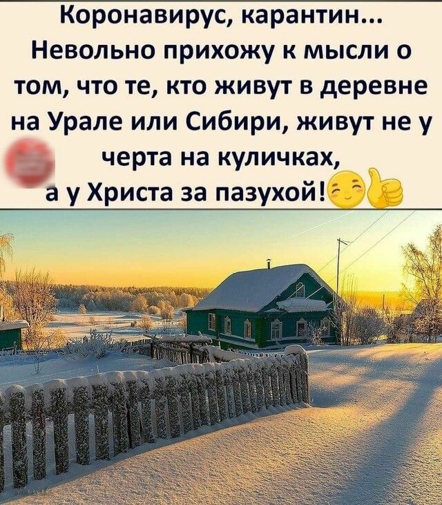 Коронавирус карантин Невольно прихожу к мысли о том что те кто живут в деревне на Урале или Сибири живут не у черта на куличках а у Христа за пазухой