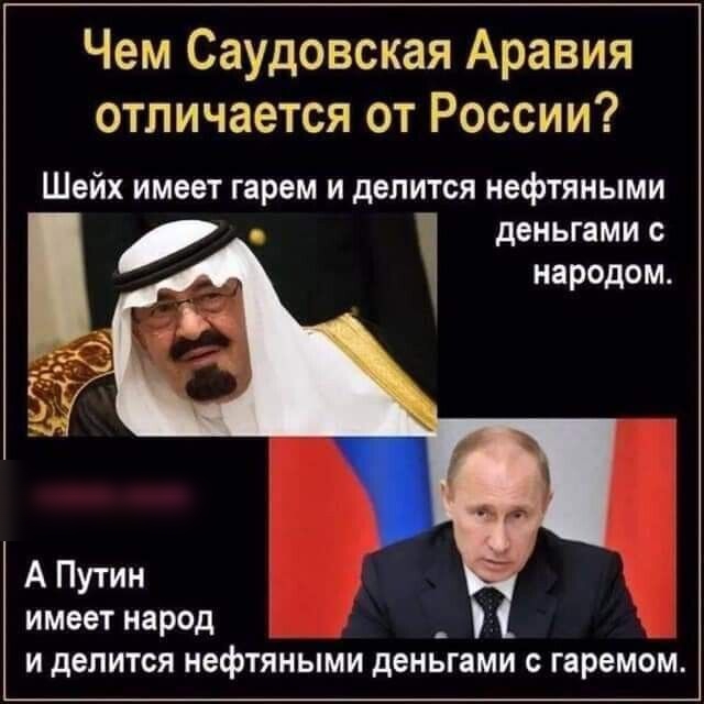 Чем Саудовская Аравия отличается от России Шейх имеет гарем и делится нефтяными деньгами с народом А Путин имеет народ и делится нефтяными деньгами с гаремом