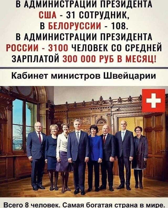 В АДМИНИСТРАЦИИ ПРЕЗИДЕНТА США 31 СОТРУДНИК В БЕЛОРУССИИ 108 В АДМИНИСТРАЦИИ ПРЕЗИДЕНТА РОССИИ 3100 ЧЕЛОВЕК СО СРЕДНЕЙ ЗАРПЛАТОЙ 300 000 РУБ В МЕСЯЦ Кабинет министров Швейцарии Т Всего 8 человек Самая богатая ст ана в ми е